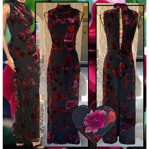 Lulus Black Burnout Velvet Mock Neck Composed Glamour Maxi Dress Size S